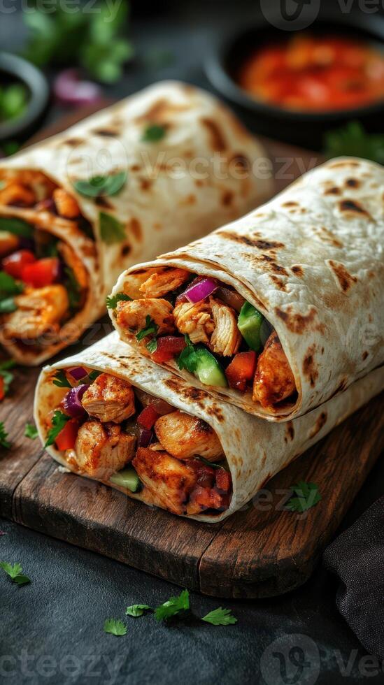 Delicious grilled chicken wraps filled with fresh vegetables served on a rustic wooden board photo