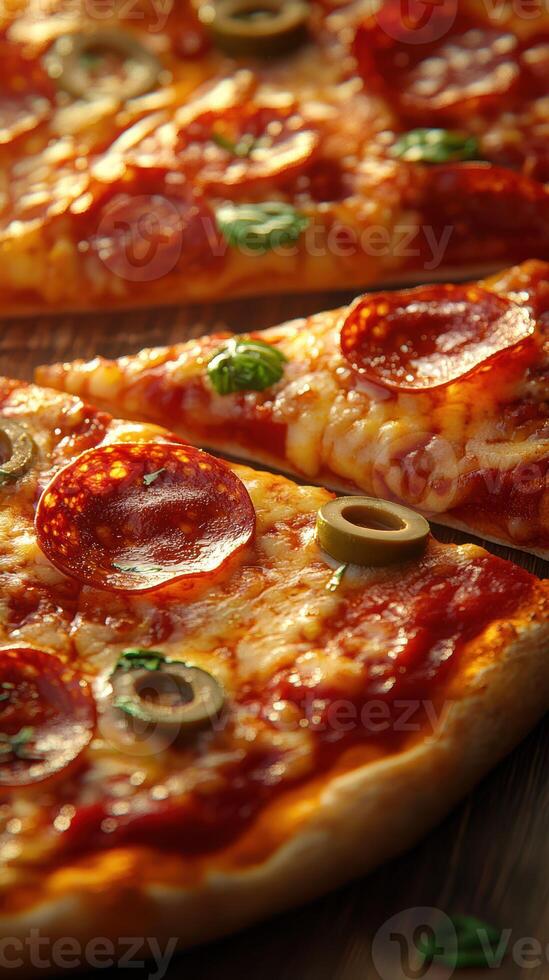 Delicious pepperoni pizza slices topped with olives and herbs on a wooden table in a cozy setting photo