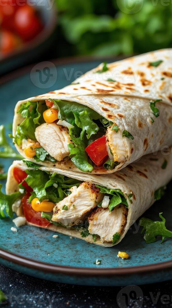 Fresh chicken wrap with lettuce, tomato, and corn on a blue plate garnished with cilantro photo