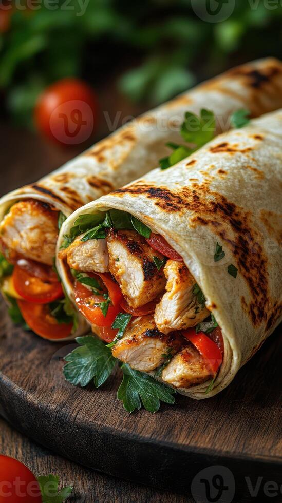 Chicken wraps with fresh vegetables on a wooden board prepared for a delicious meal photo