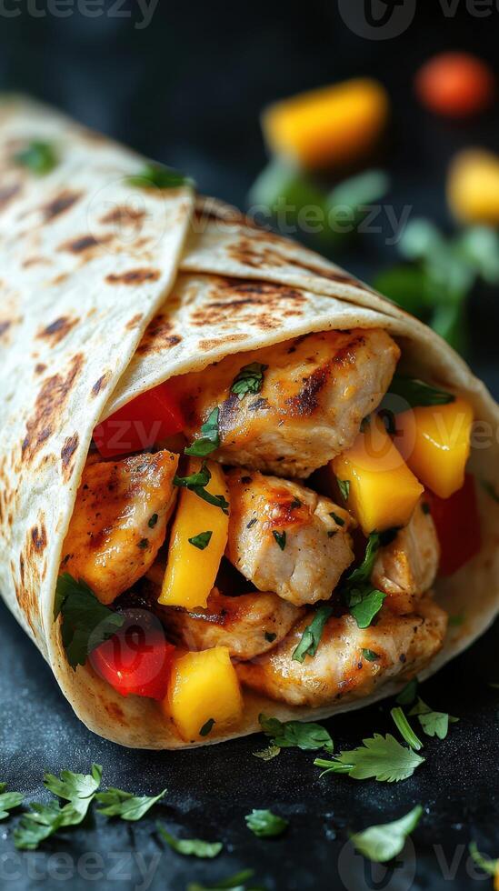 Grilled chicken wrap with fresh mango and vegetables served on a rustic surface photo