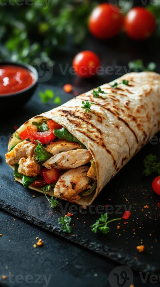 Delicious wrap filled with grilled chicken, fresh vegetables, and salsa served on a dark surface photo