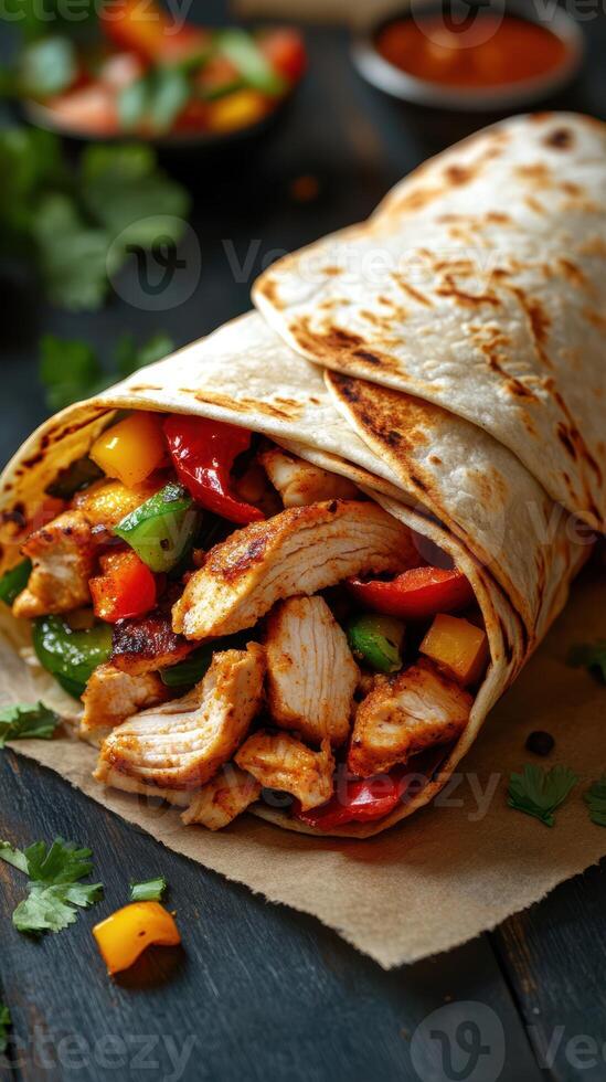 Delicious chicken fajita wrap filled with grilled vegetables on a rustic wooden table photo