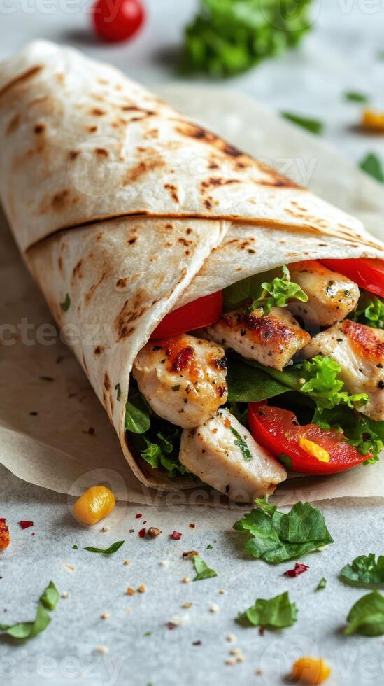 Delicious grilled chicken wrap with fresh vegetables in a soft tortilla on a light background photo