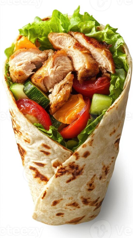 Grilled chicken wrap filled with fresh vegetables and greens served in a warm tortilla for a healthy meal photo