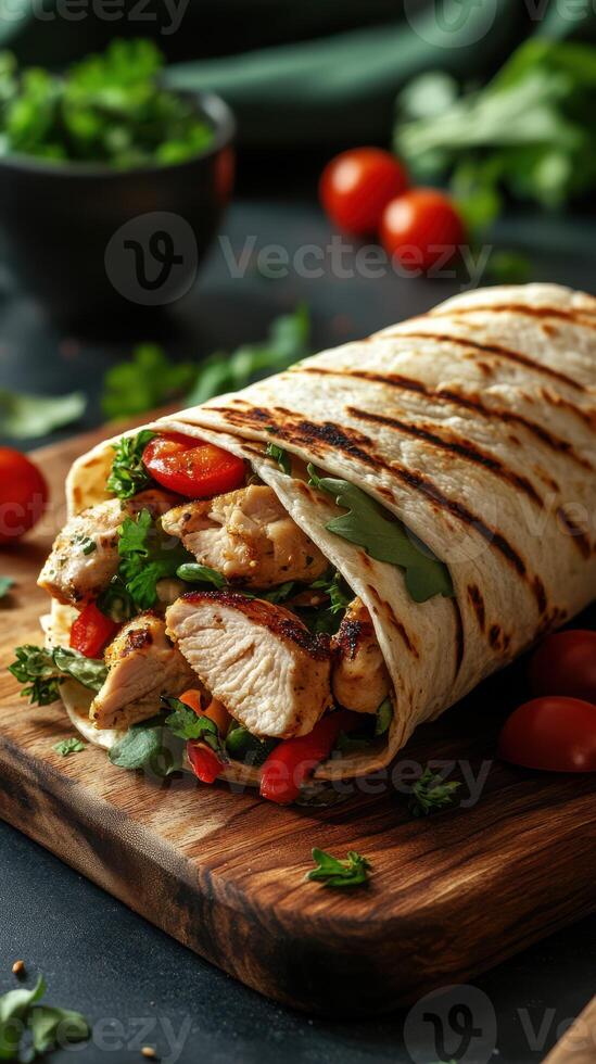 Grilled chicken wrap with fresh vegetables on a wooden board in a cozy kitchen setting photo