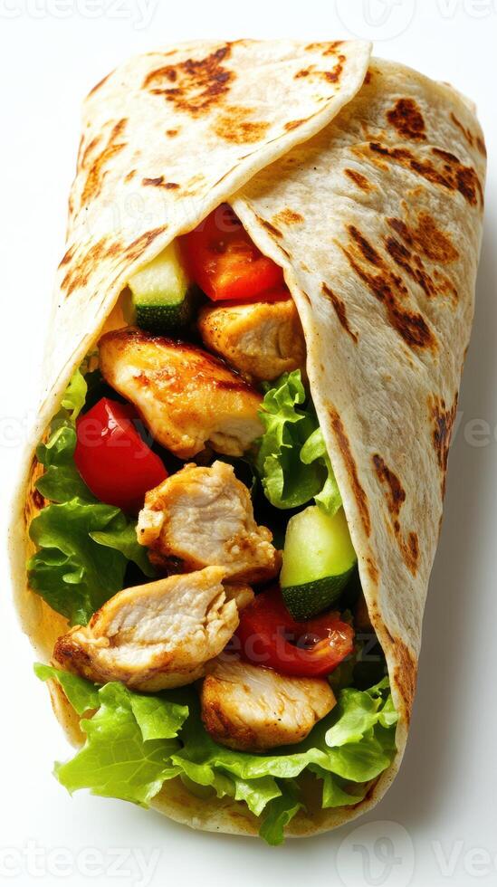 Grilled chicken wrap with fresh vegetables served on a warm tortilla for a healthy lunch option photo