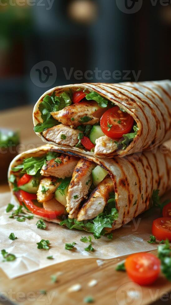 Delicious grilled chicken wraps with fresh vegetables and herbs served in a cozy cafe setting photo
