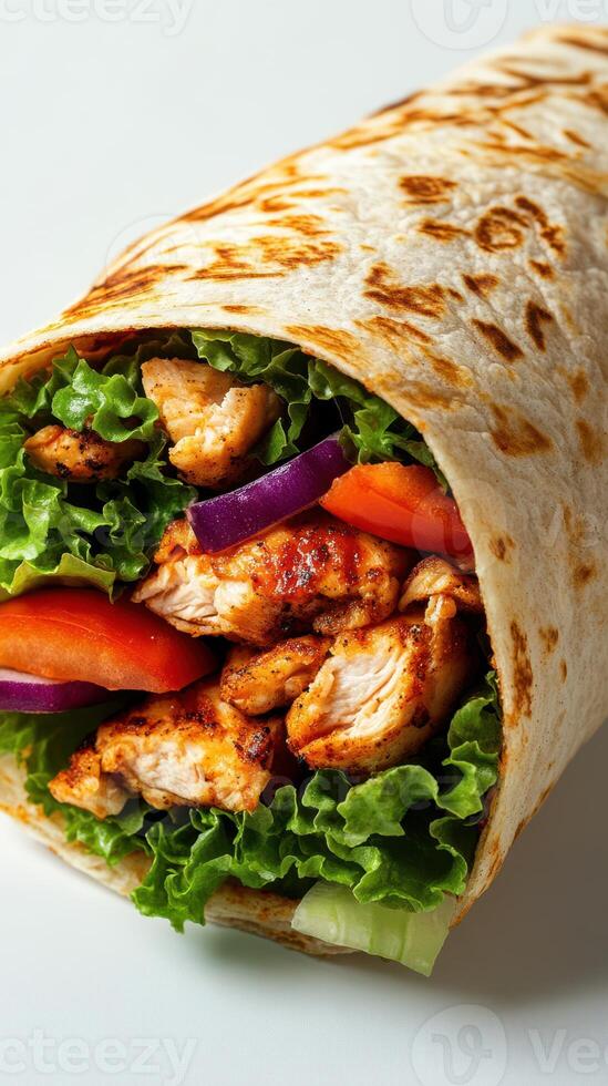 Delicious grilled chicken wrap filled with fresh vegetables on a white background photo