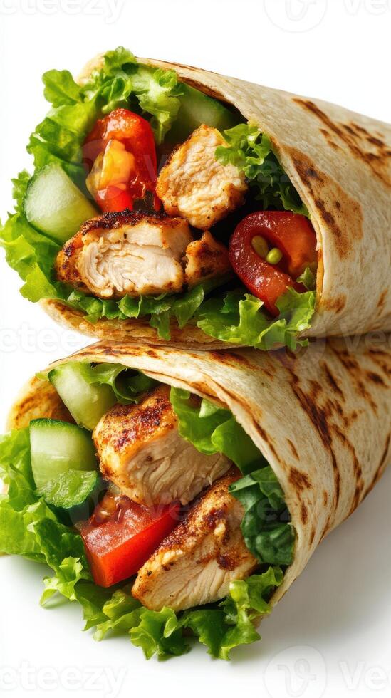 Fresh chicken wraps with vibrant vegetables served on a plain background for a healthy meal concept photo