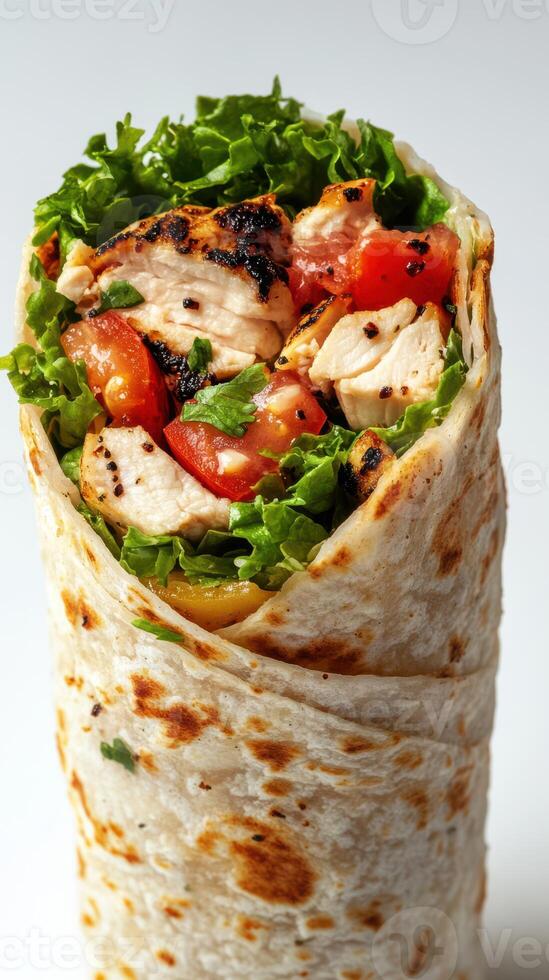 Freshly made chicken wrap filled with lettuce and tomatoes ready to be enjoyed photo