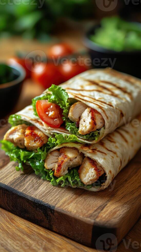 Delicious grilled chicken wraps with fresh lettuce and tomatoes on a wooden cutting board photo