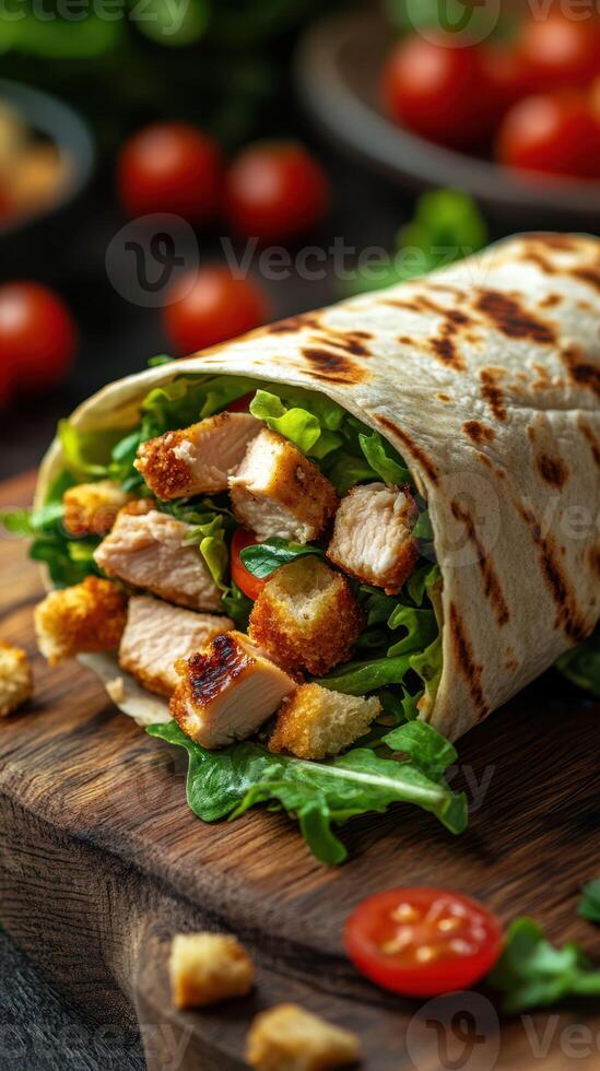 Delicious wrap filled with grilled chicken, fresh greens, and cherry tomatoes served on wooden board photo