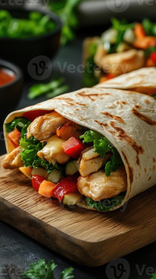 Freshly made chicken wrap with colorful vegetables served on a wooden board in a cozy kitchen setting photo