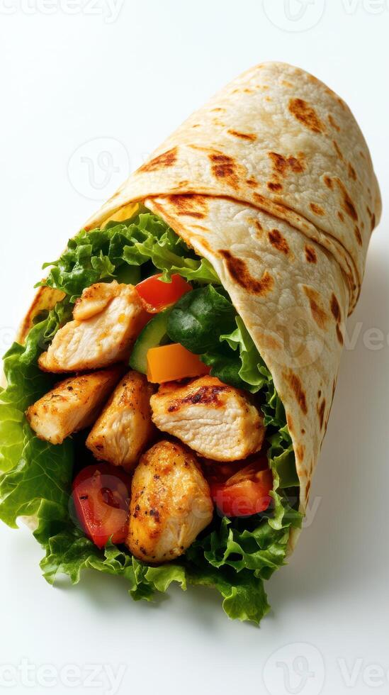 Grilled chicken wrap with fresh vegetables and lettuce served on a white background for a healthy meal option photo