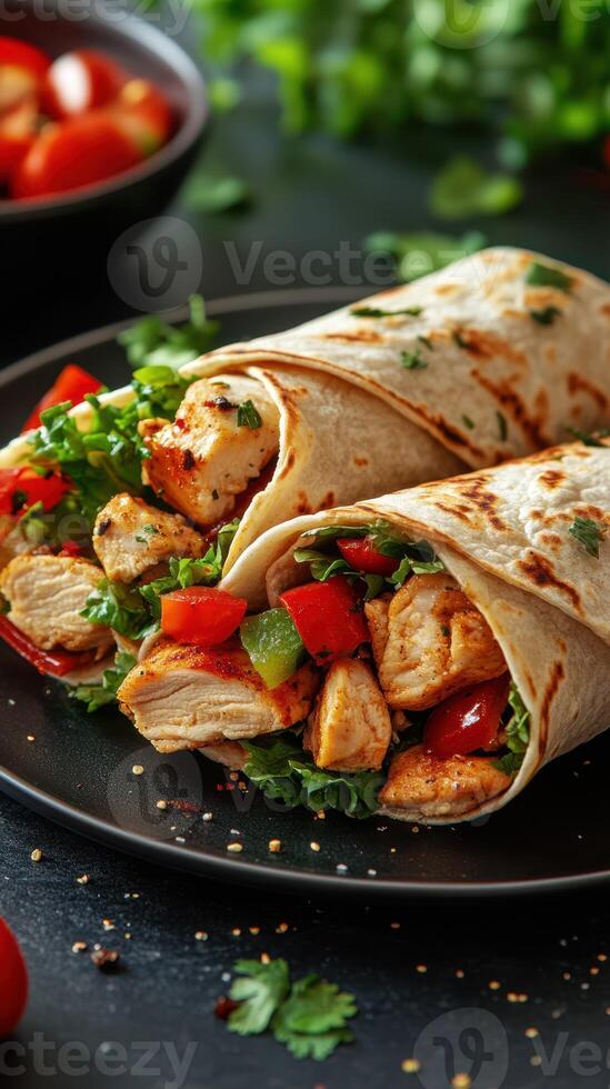 Delicious chicken wraps filled with fresh vegetables on a black plate with herbs and spices in the background photo