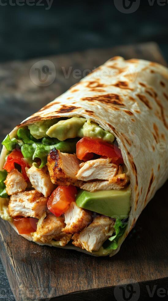 Delicious chicken wrap filled with fresh vegetables and avocado served on a wooden board photo