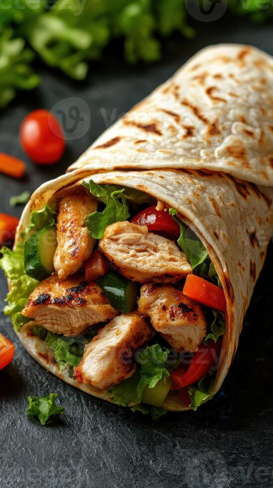 Grilled chicken wrap with fresh vegetables served on a dark stone background photo