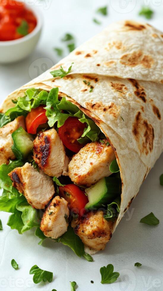 Grilled chicken wrap filled with fresh vegetables and herbs ready to be enjoyed on a sunny day photo