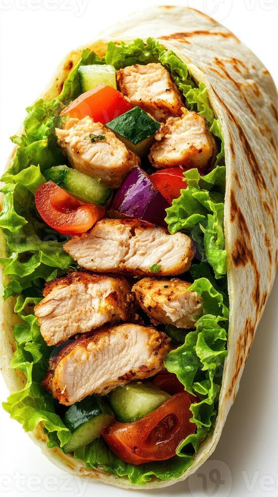 Grilled chicken wrap filled with fresh vegetables and greens served on a white background for a healthy meal option photo