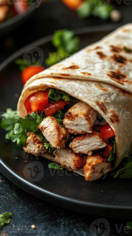Delicious grilled chicken wrap with fresh vegetables served on a black plate in a cozy dining setting photo