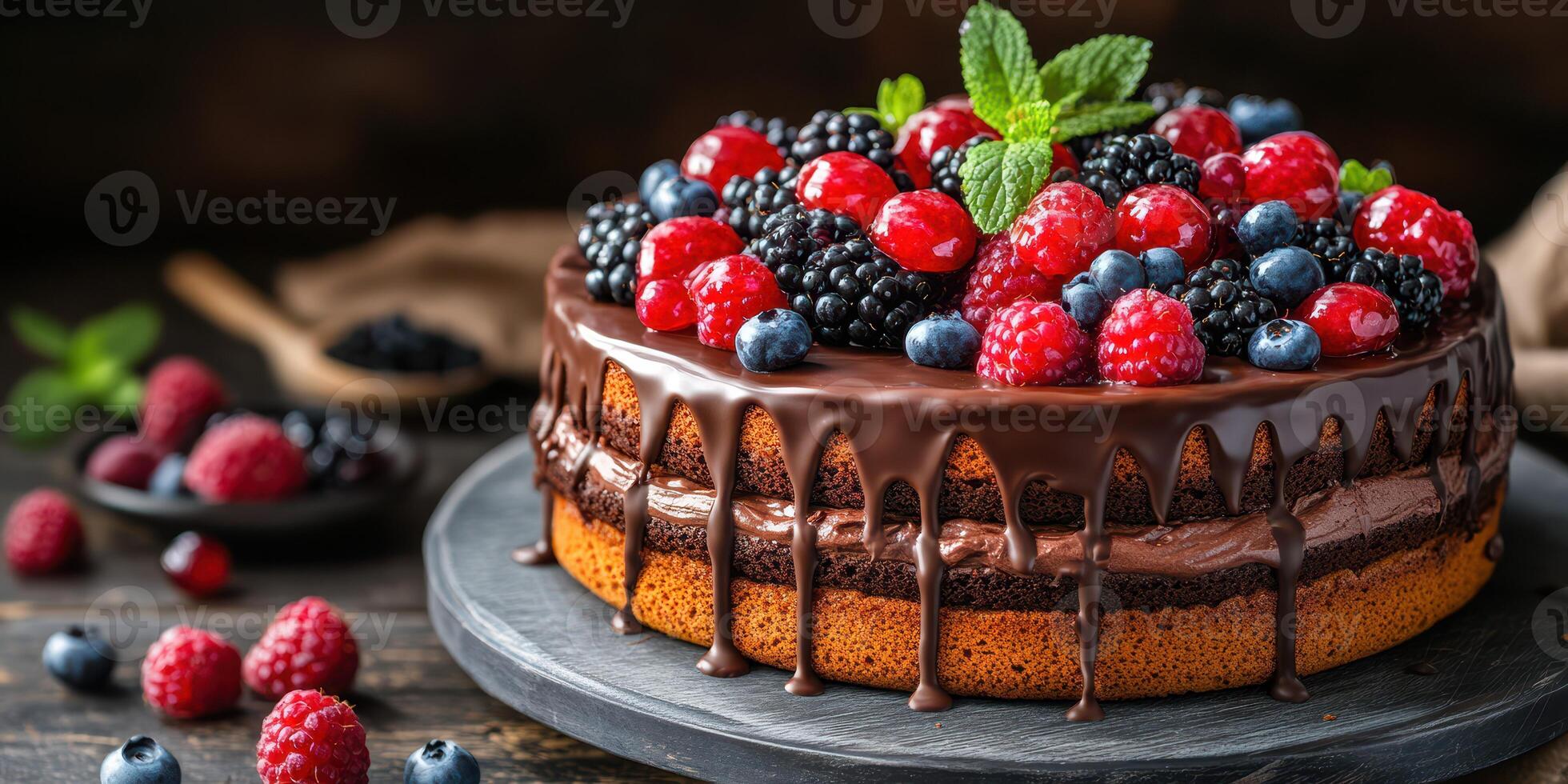 Delicious chocolate cake topped with fresh raspberries, blueberries, and blackberries on a rustic table photo