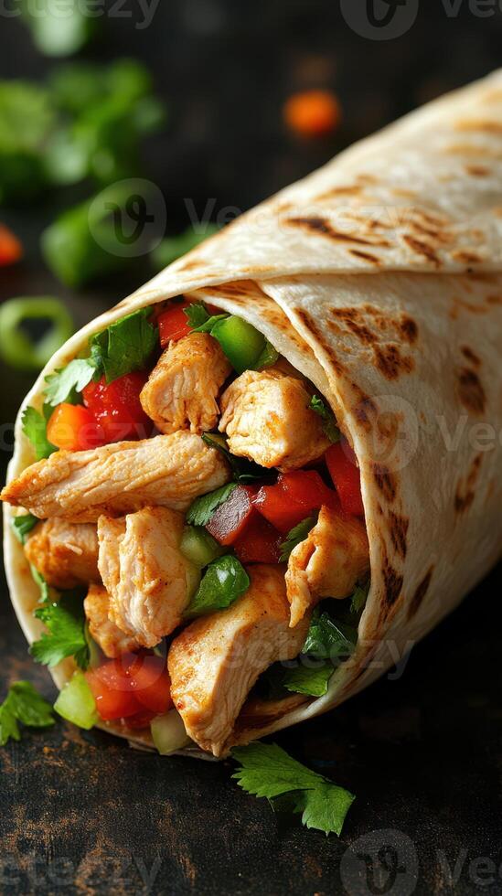 Freshly made chicken burrito wrapped in a warm tortilla with colorful vegetables and herbs photo