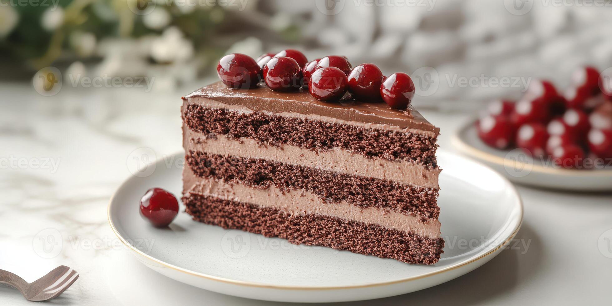 Dessert featuring a luscious chocolate cake layered with rich mousse and topped with cherries on a marble countertop photo