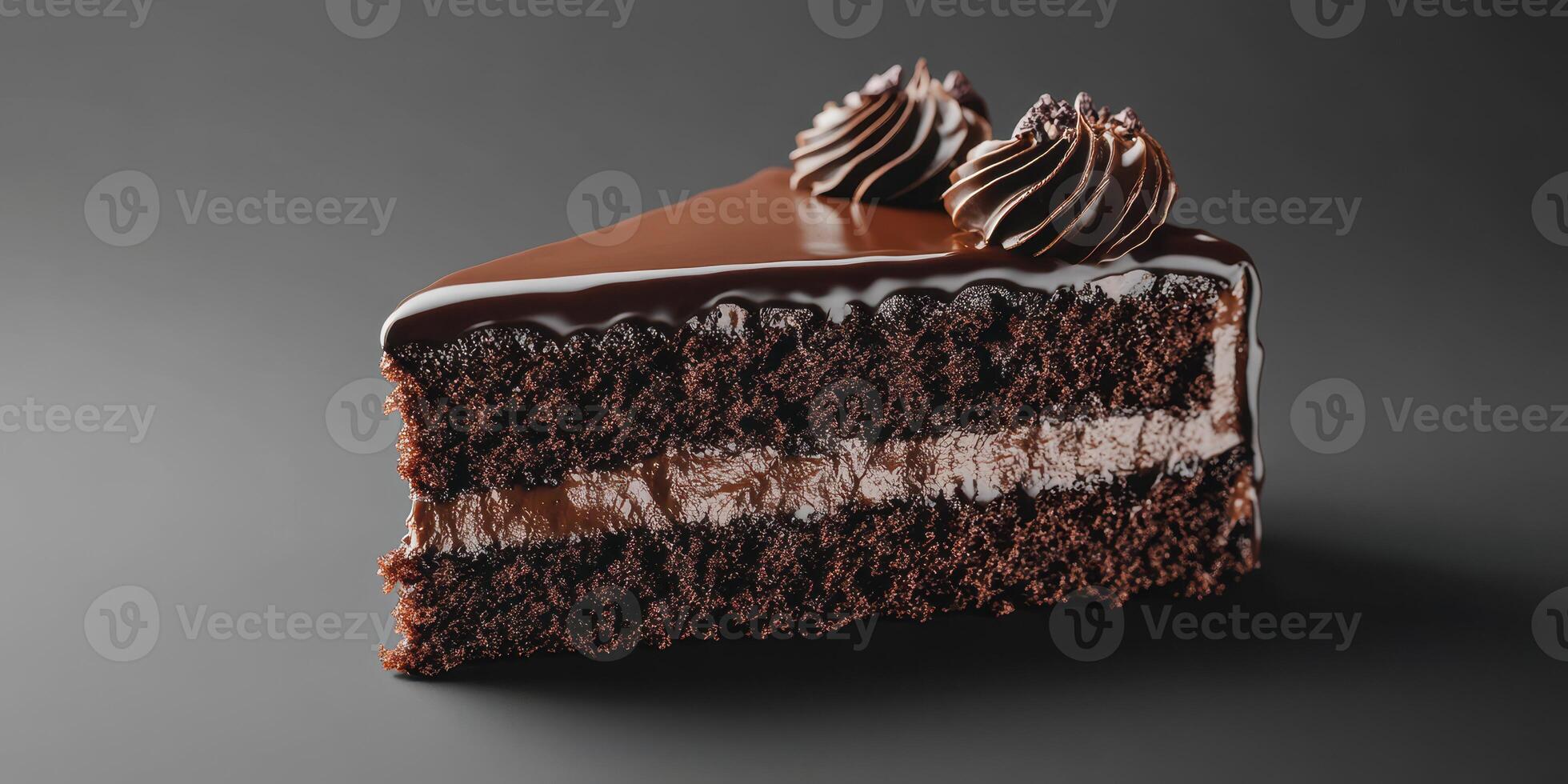 Decadent chocolate cake slice showcasing rich layers of cream and frosting on a dark background photo