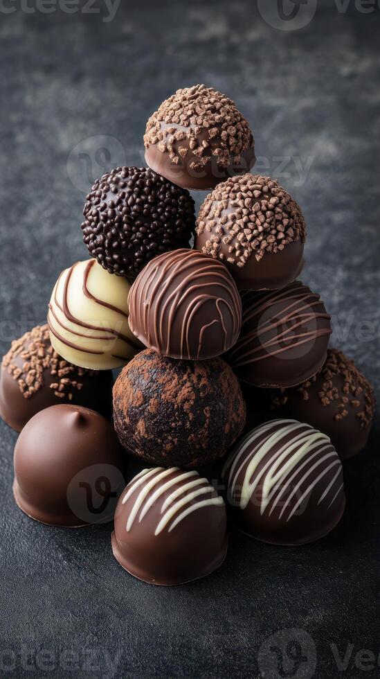 Delicious assortment of handcrafted chocolate truffles arranged in a beautiful pyramid on a dark surface photo