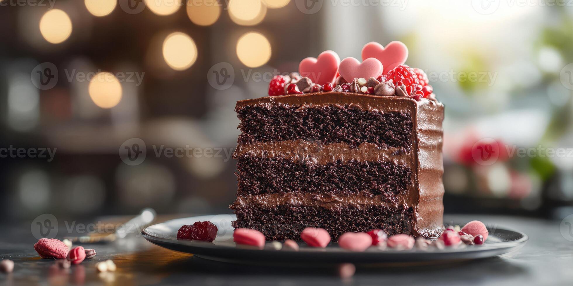 Delicious chocolate layer cake topped with pink hearts and raspberries in a cozy cafe setting photo