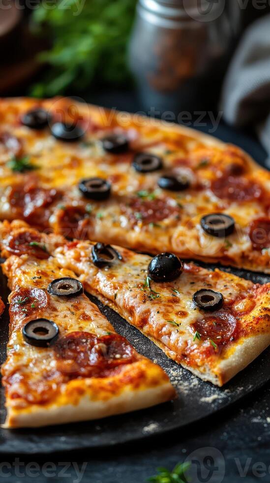 Slices of delicious pepperoni and olive pizza served on a rustic table photo