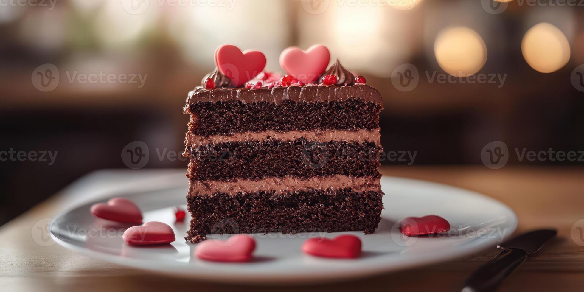 Delicious chocolate cake with heart-shaped decorations served on a plate in a cozy cafe setting photo
