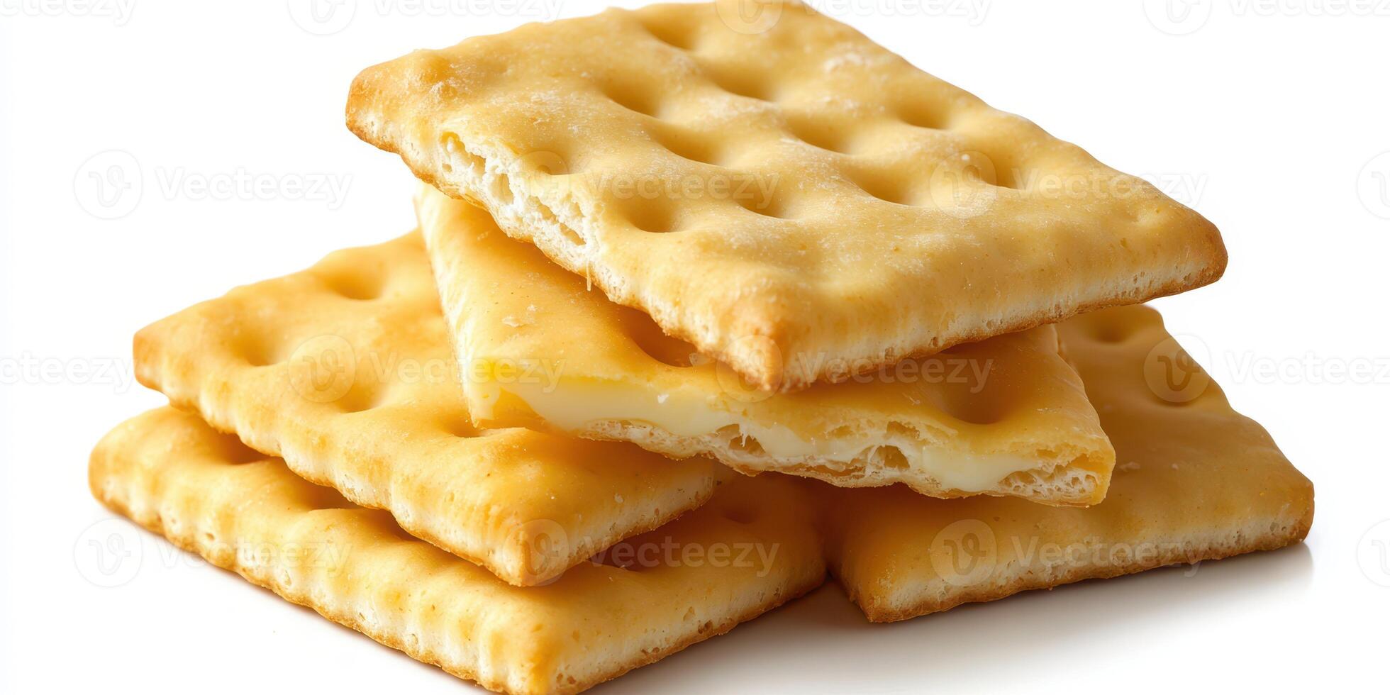Delicious stack of golden crackers with a crispy texture and a savory flavor arranged neatly on a white background photo
