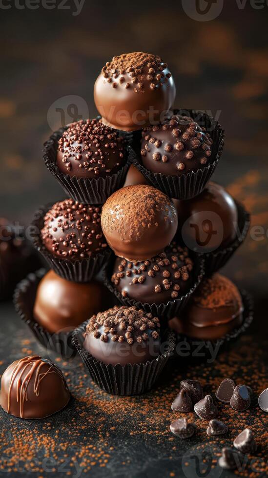Delicious chocolate truffles stacked elegantly on a dark surface with scattered chocolate pieces photo