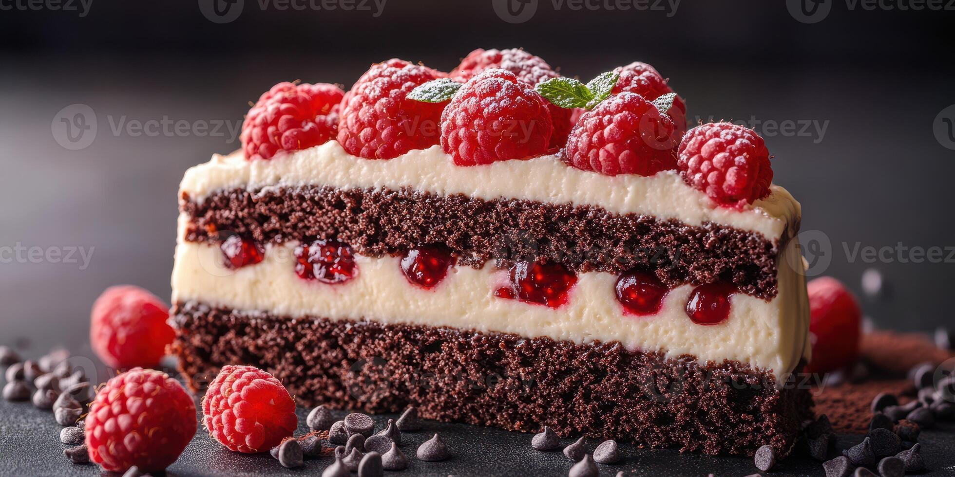 Delicious chocolate cake with raspberries and cream served on a dark table setting photo