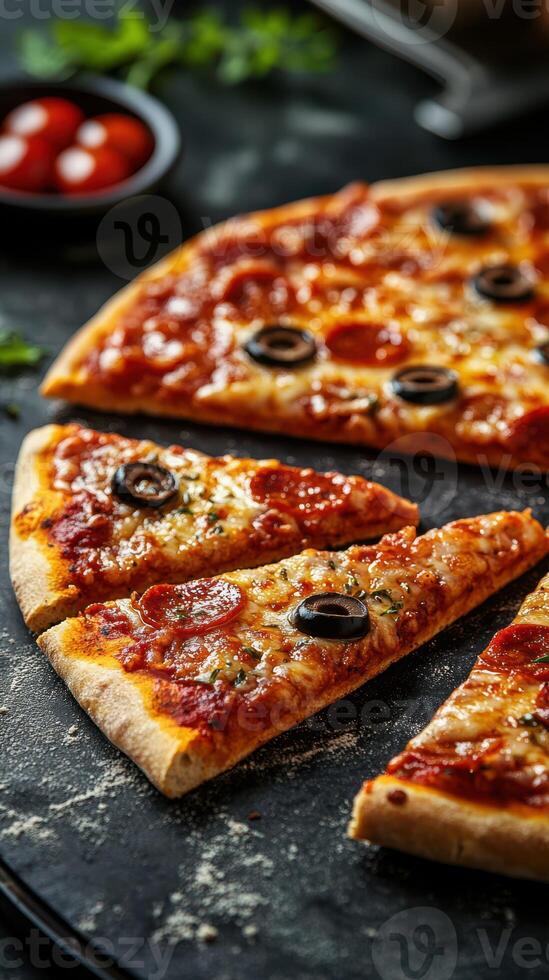 Slices of pepperoni pizza with black olives on a dark stone surface photo