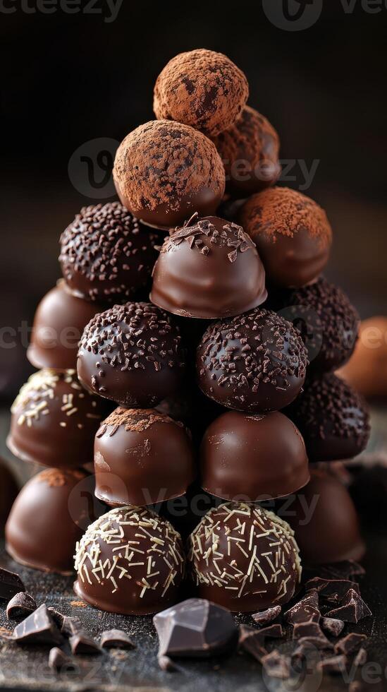 Chocolate truffles stacked in a pyramid shape on a textured surface showcasing rich varieties photo
