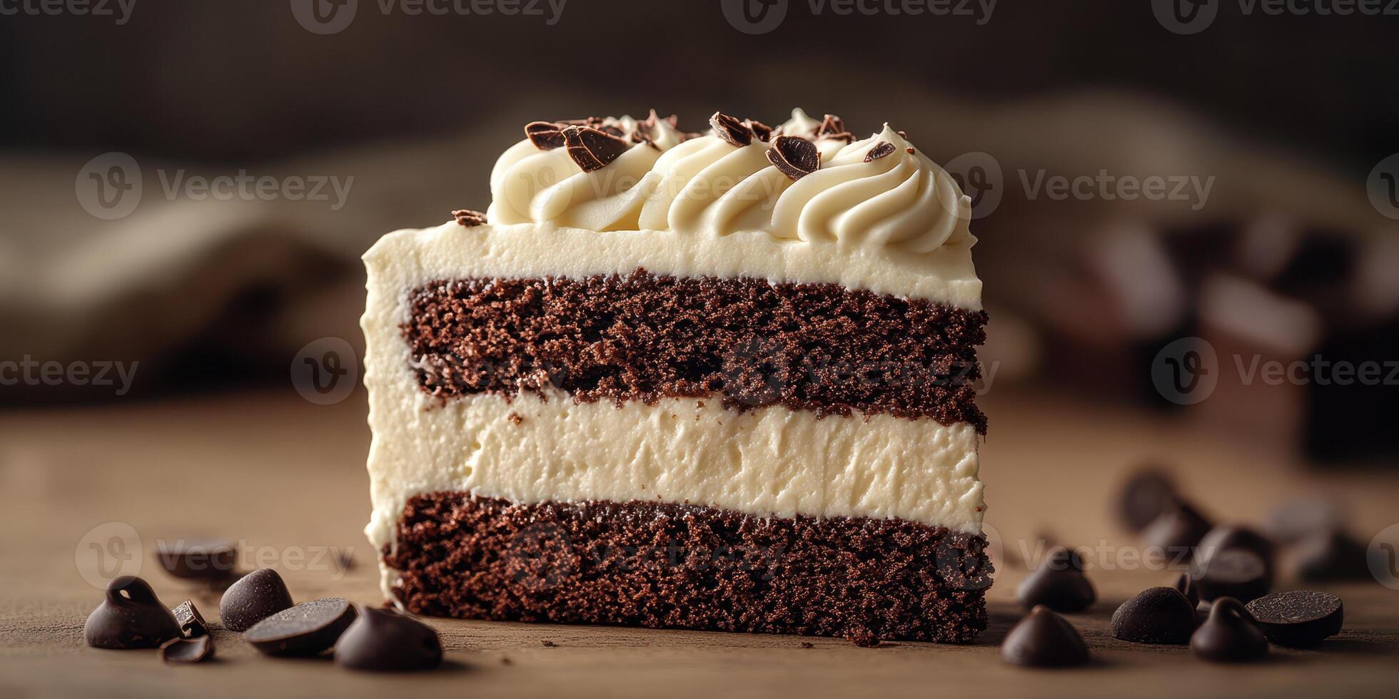 Delicious slice of chocolate cake with creamy frosting and chocolate shavings on a rustic wooden table photo