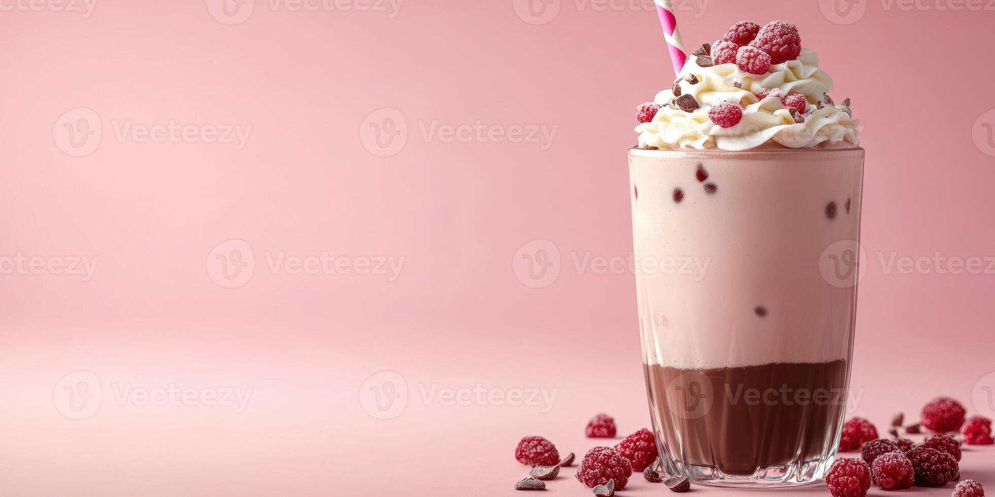 Indulgent raspberry chocolate milkshake topped with whipped cream on a pink background photo