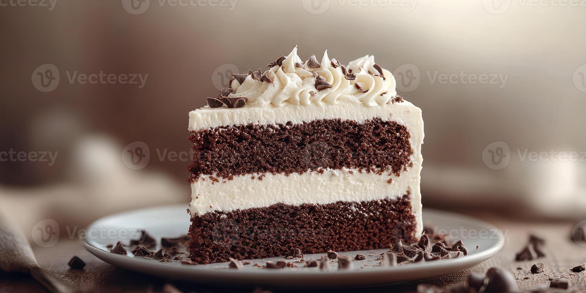 Delicious chocolate layer cake with creamy frosting and chocolate shavings served on a plate photo