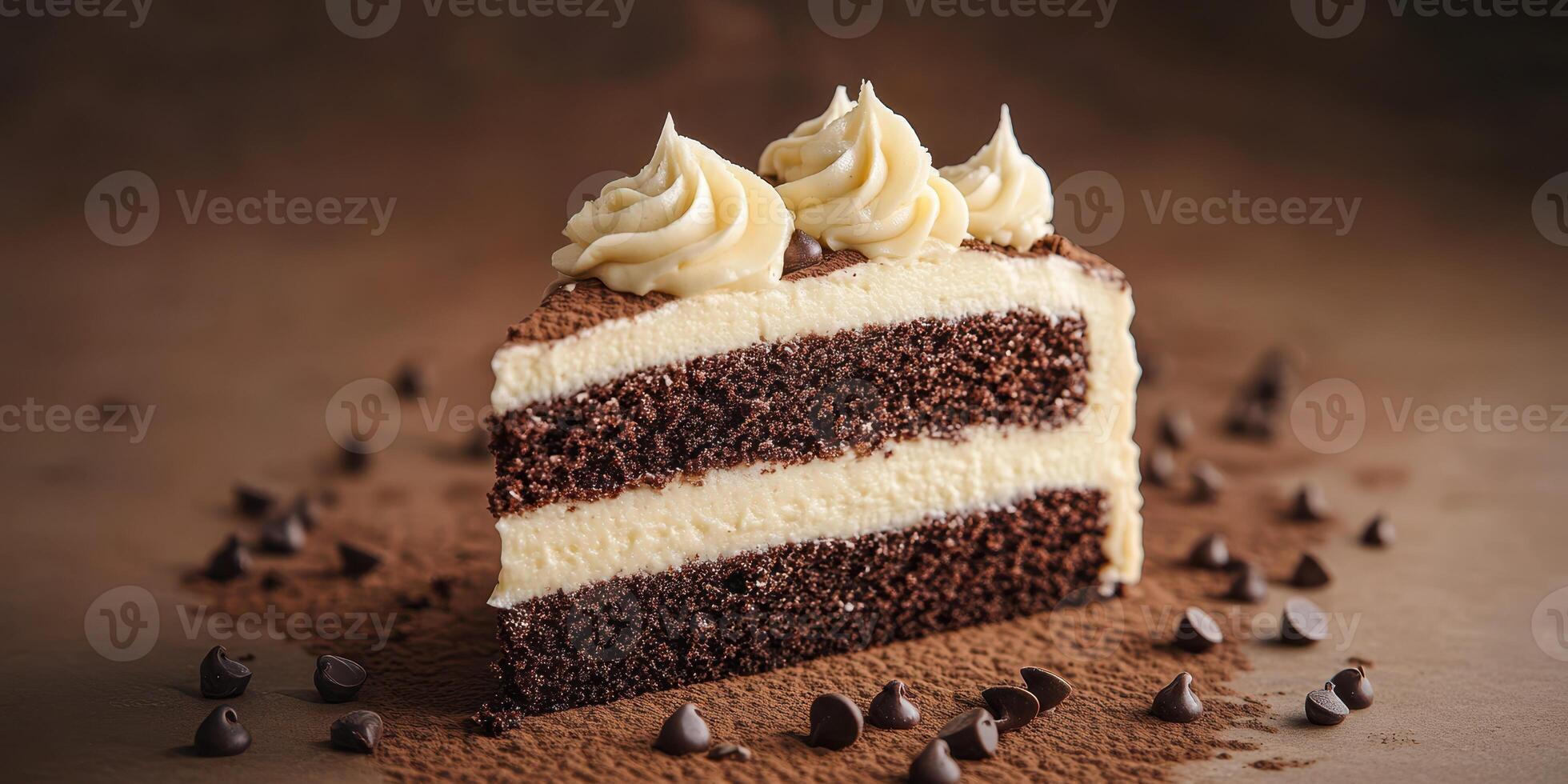 Mouthwatering chocolate cake slice with creamy frosting and chocolate chips on a simple backdrop photo