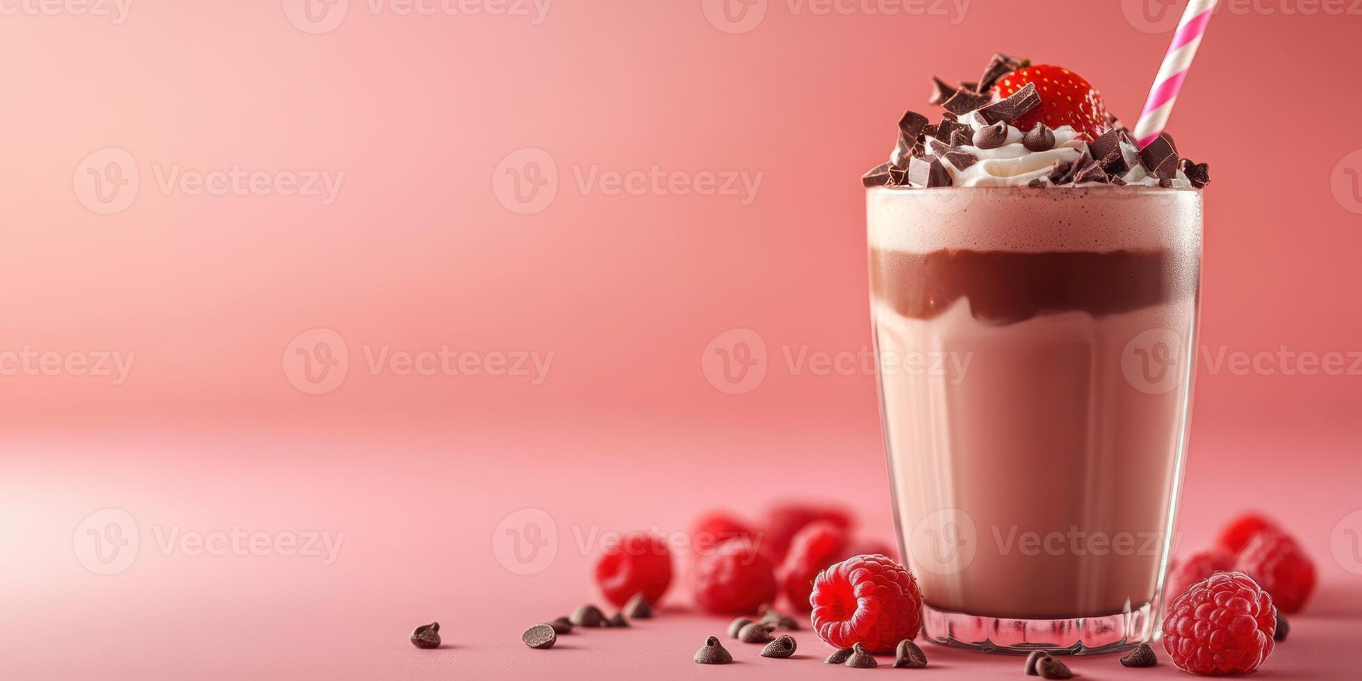 Delicious chocolate milkshake topped with whipped cream, chocolate chips, and fresh raspberries on a pastel background photo
