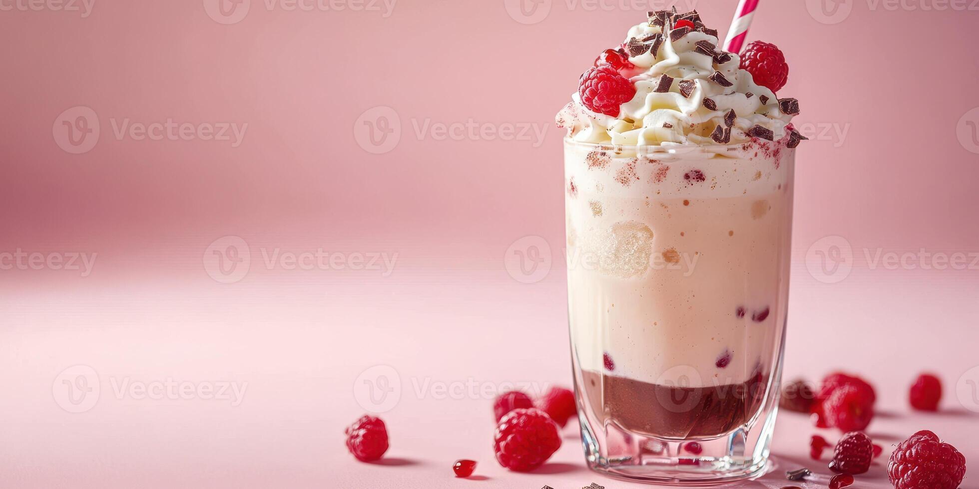Delightful raspberry shake with whipped cream and chocolate chips on a pastel pink background photo