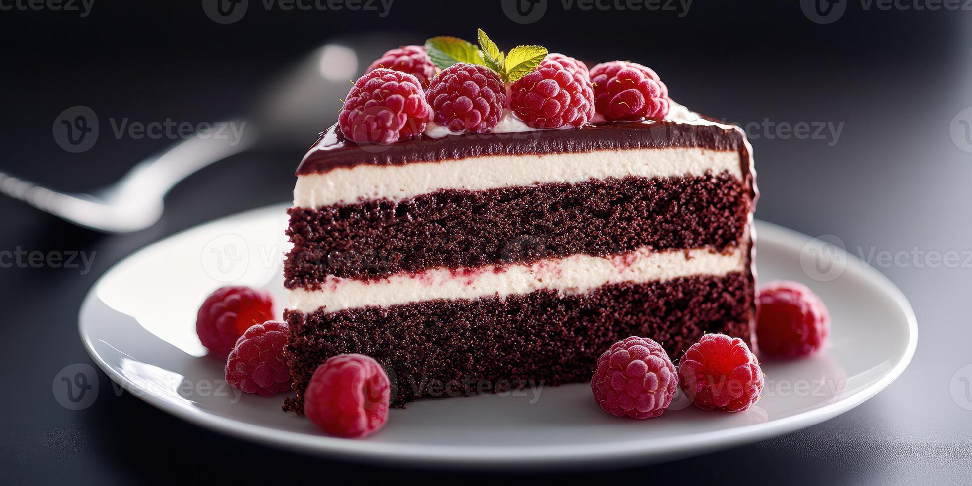 Decadent chocolate cake slice topped with fresh raspberries on a white plate with a dark background photo