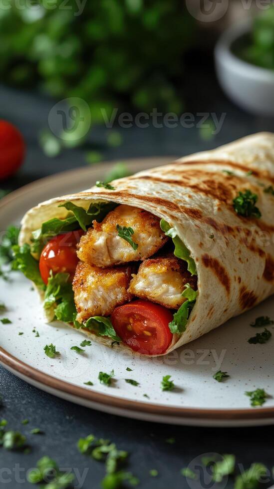 Delicious wrap filled with crispy fish, fresh vegetables, and herbs on a plate photo