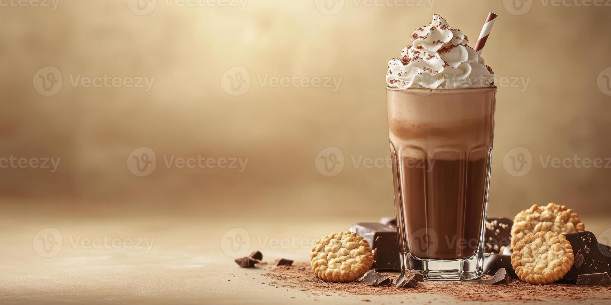 Delicious chocolate milkshake topped with whipped cream and served with assorted cookies in a warm setting photo