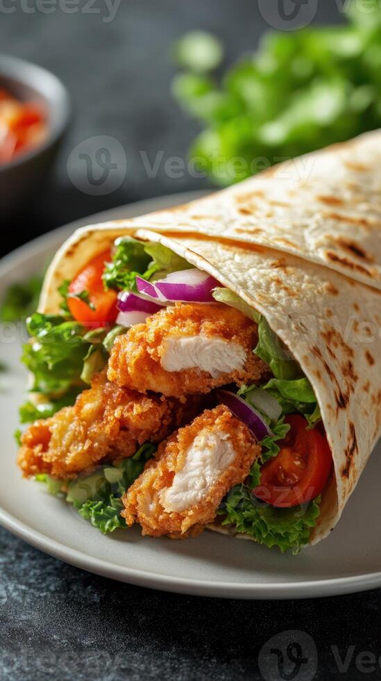 Crispy chicken wrap filled with fresh vegetables served on a plate photo