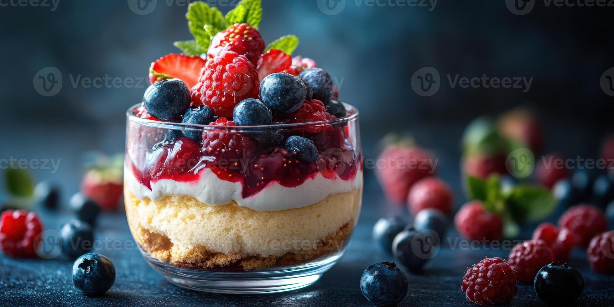 Delicious dessert featuring layers of sponge cake, cream, and mixed berries on a dark background photo