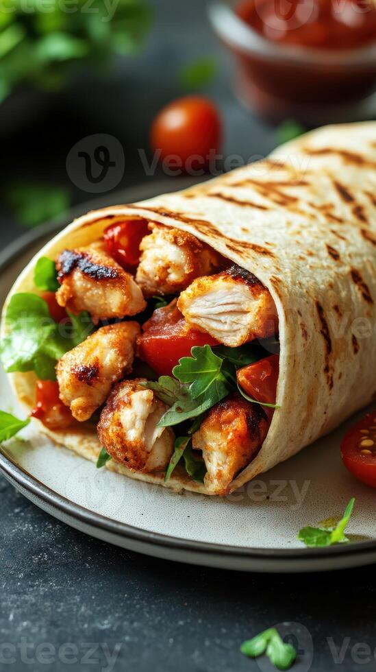 Delicious grilled chicken wrap filled with fresh vegetables served on a plate photo